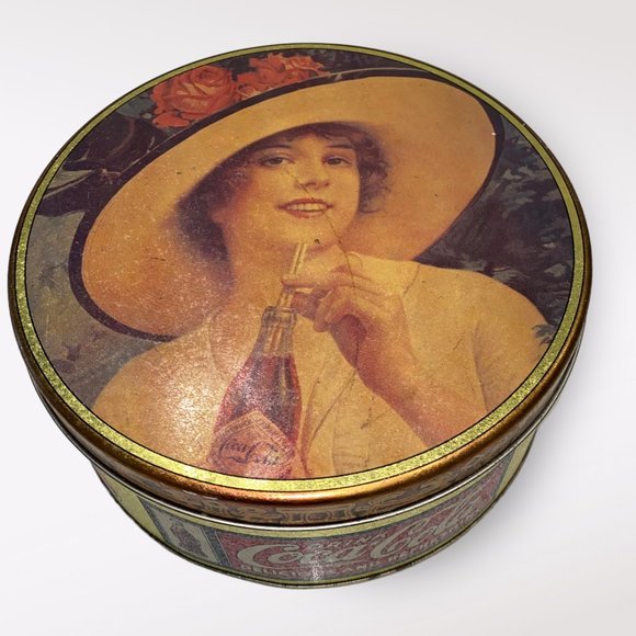 Vintage Look Round Coca-Cola Tin Lady Hat Advertising  Gold Red Canister - Picture 1 of 3
